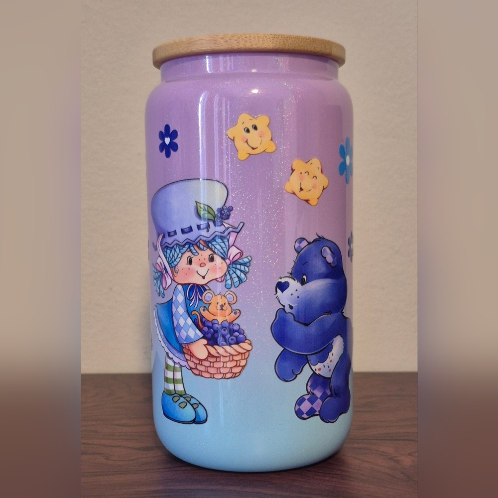 🪻3/$25 Blueberry muffin grumpy care bear purple glitter blue Glass Tumbler 16oz